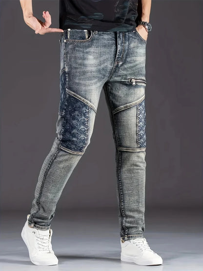 Jean de moto pour hommes, Streetwear, extensible, mode nostalgique   Pantalon en jean décontracté, Slim, droit, patchwork, pantalon de cowboy délavé