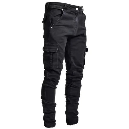 Jean en Denim élastique pour hommes, couleur unie, pantalon Cargo multi-poches, décontracté, coupe cintrée, usage quotidien, jogging, taille moyenne