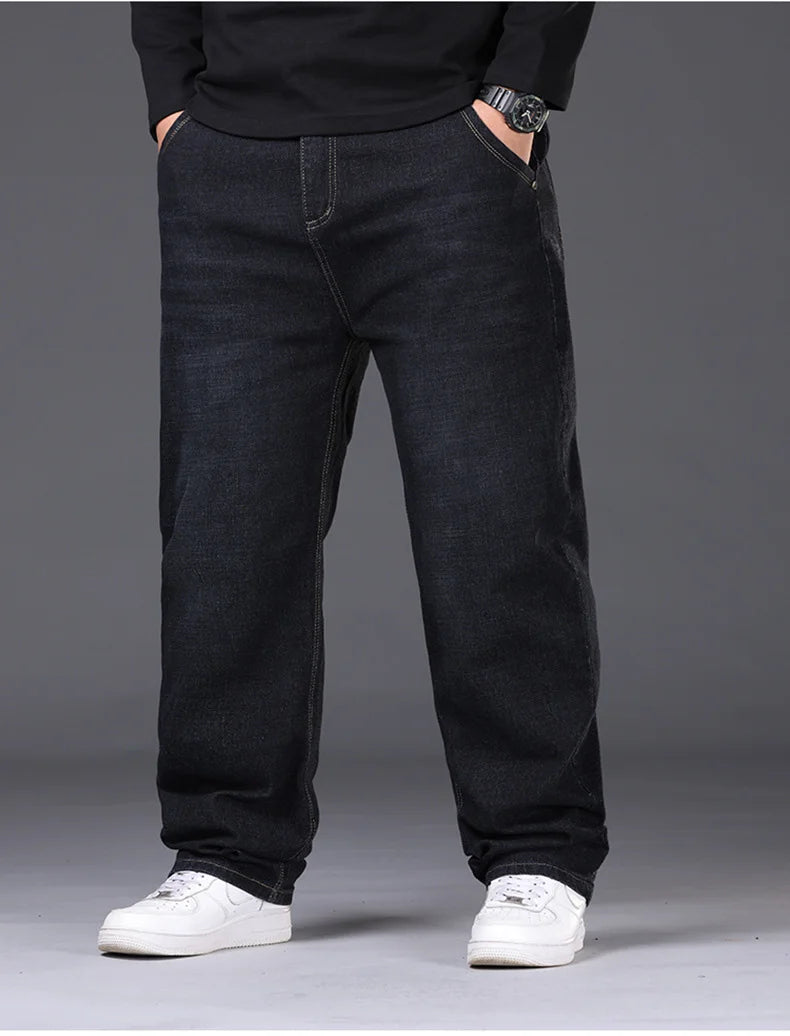 Jean extensible pour hommes, 29 à 50 tailles, pantalon en Denim à jambe droite, taille étendue, bleu/noir, Streetwear, coupe décontractée pour le travail et le décontracté