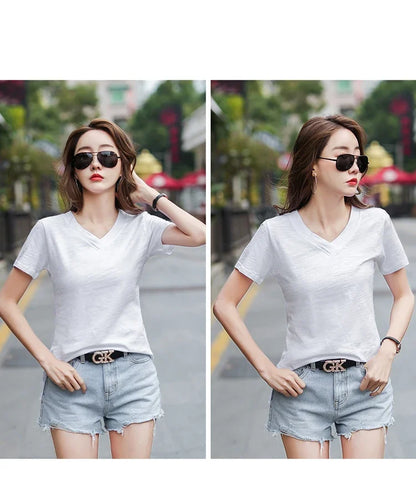 T-Shirt pour femmes 2025 été hauts basique solide coton T-Shirt décontracté Femme vêtements col en v t-shirts à manches courtes T-Shirt Femme