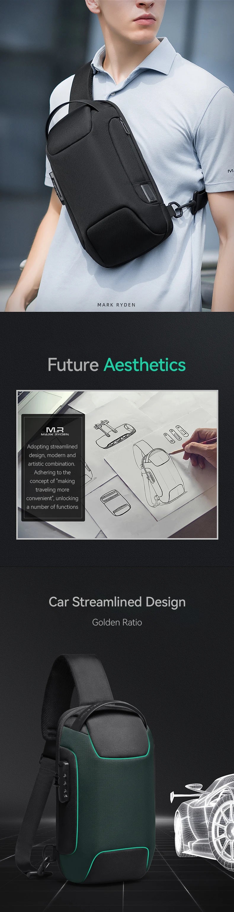 MarkRyden ODYSSEY MINI: sac à bandoulière étanche antivol de Style décontracté pour hommes