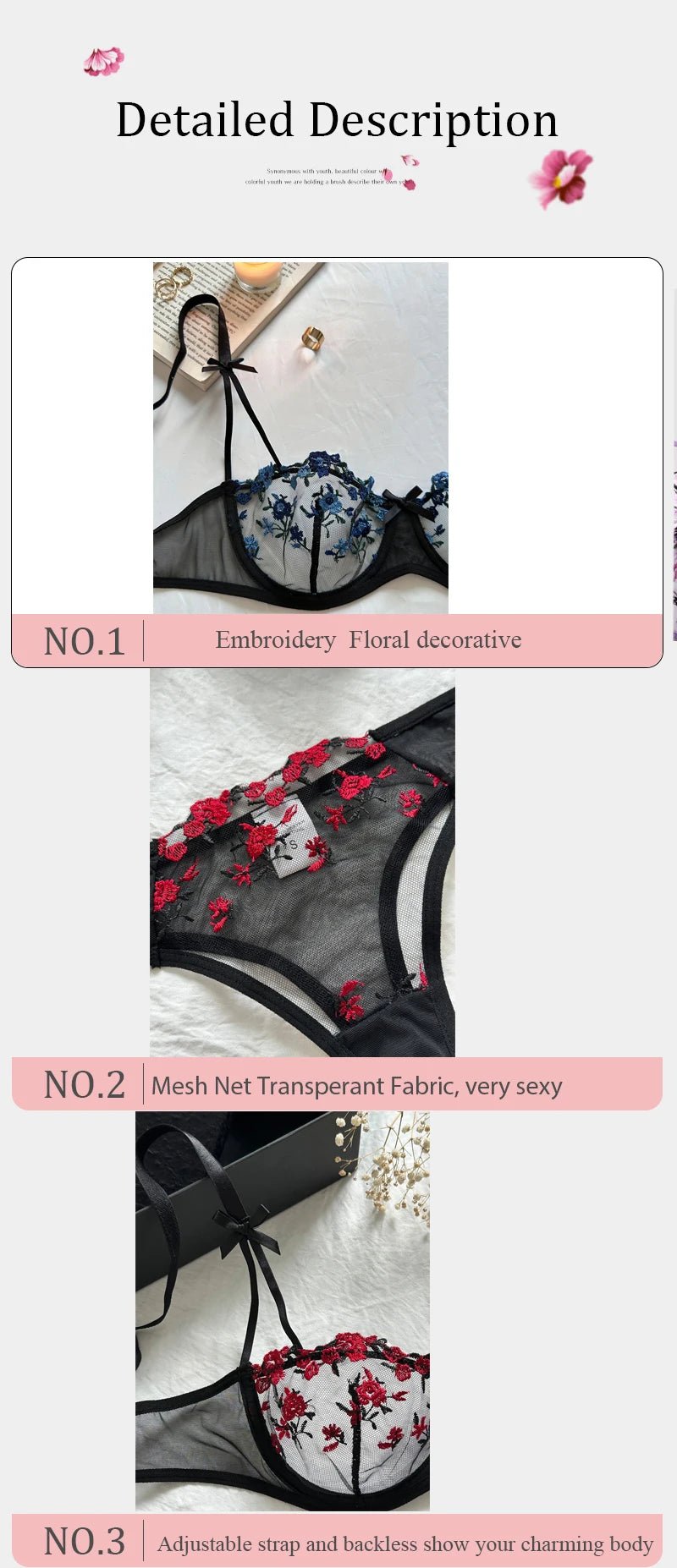 Nuit belle femmes Sexy 2 pièces broderie florale sous-vêtements Sexy lingerie érotique ensemble de sous-vêtements