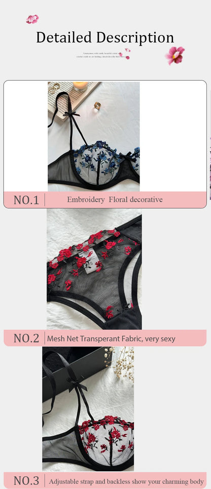 Nuit belle femmes Sexy 2 pièces broderie florale sous-vêtements Sexy lingerie érotique ensemble de sous-vêtements