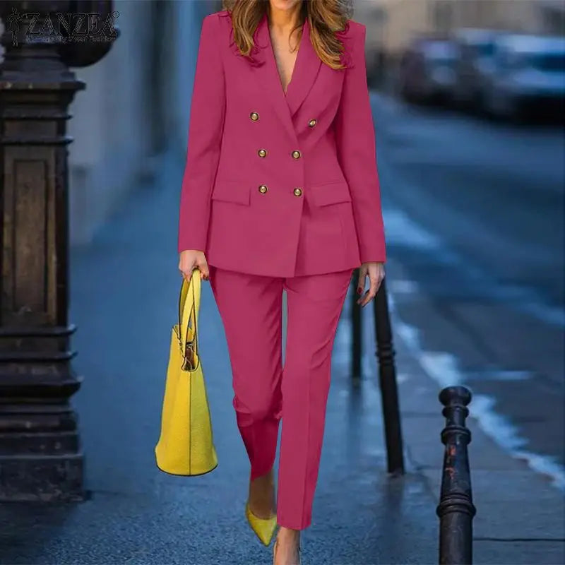 ZANZEA femmes mode 2 pièces Blazer costumes cranté revers à manches longues Blazer pantalon ensembles élégant bureau dame solide 2 pièces tenues