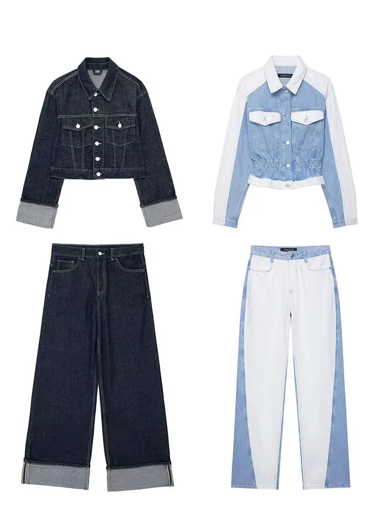 HH – costume en Denim Vintage pour femme, manteau à revers à manches longues et simple boutonnage + jean taille haute à jambes larges, ensemble de mode de rue, automne 2024