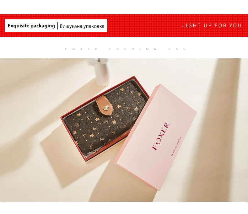 FOXER femmes Long portefeuille carte et porte-passeport élégant pochette dame monogramme PVC avec bracelet sac de téléphone portable femme porte-monnaie