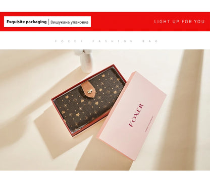 FOXER femmes Long portefeuille carte et porte-passeport élégant pochette dame monogramme PVC avec bracelet sac de téléphone portable femme porte-monnaie