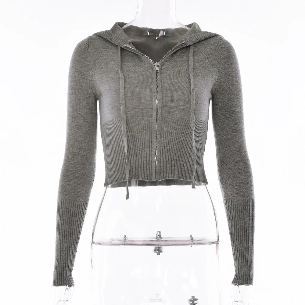 Ensemble tricoté 2 pièces pour femmes, survêtement à manches longues, fermeture éclair, pull à capuche, haut court, pantalon évasé, extensible, assorti, tenue