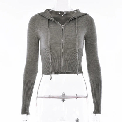 Ensemble tricoté 2 pièces pour femmes, survêtement à manches longues, fermeture éclair, pull à capuche, haut court, pantalon évasé, extensible, assorti, tenue