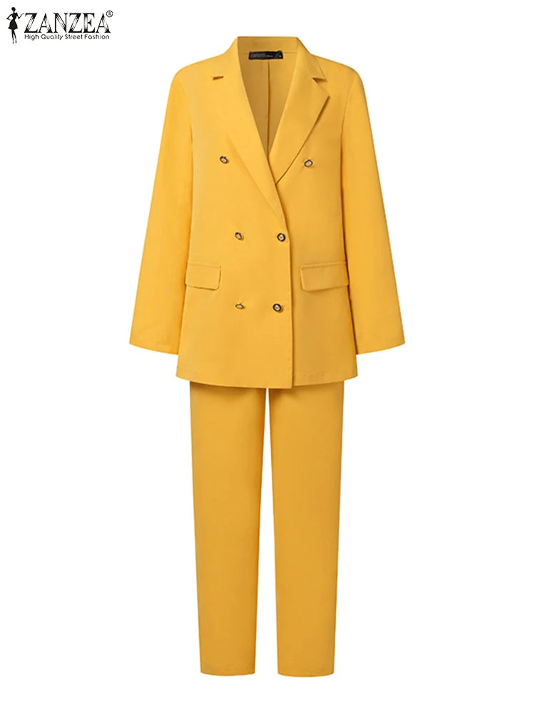 ZANZEA femmes mode 2 pièces Blazer costumes cranté revers à manches longues Blazer pantalon ensembles élégant bureau dame solide 2 pièces tenues