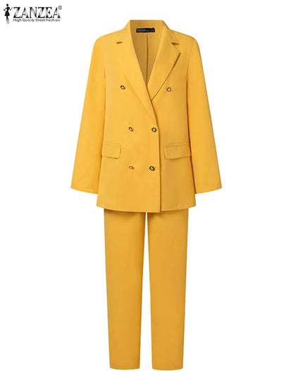 ZANZEA femmes mode 2 pièces Blazer costumes cranté revers à manches longues Blazer pantalon ensembles élégant bureau dame solide 2 pièces tenues