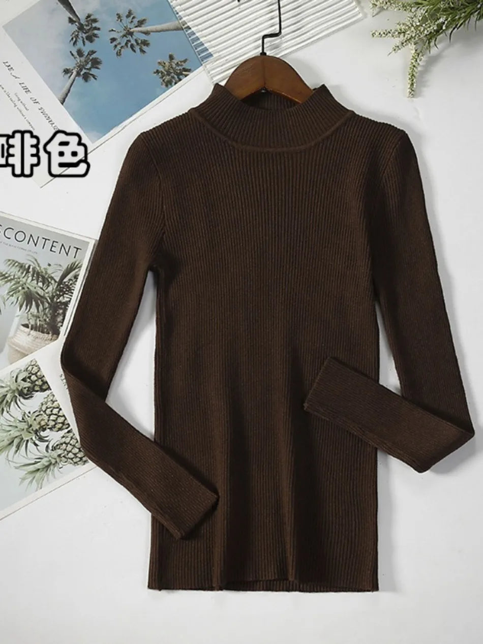 Nouveau en automne hiver femmes à manches longues tricoté col mi-haut côtelé Pull Pull doux chaud Femme Pull Pull vêtements