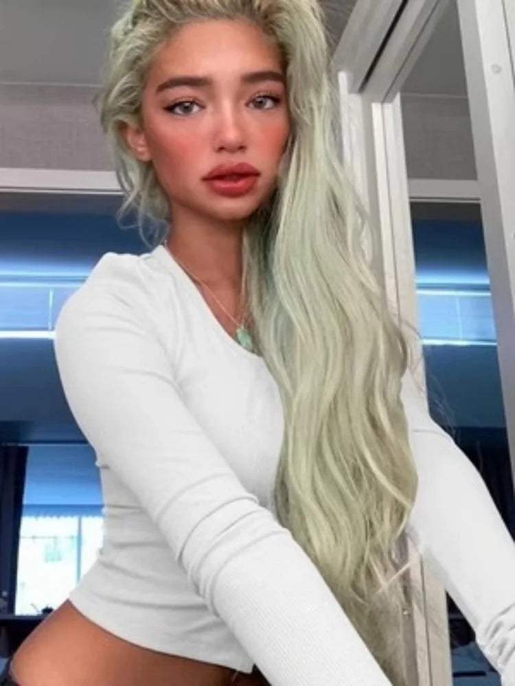 T-shirt à simple boutonnage à manches longues haut court couleur unie t-shirts pour femmes Streetwear coupe ajustée dame tenue Camisetas Ropa Mujer