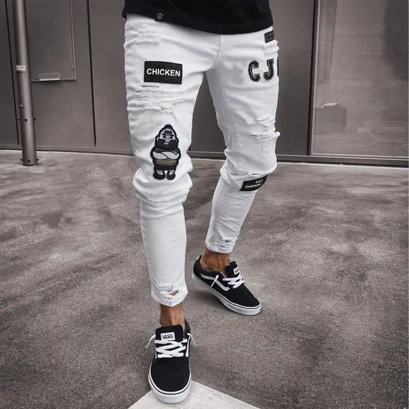 Nouveaux jeans brodés à grain fin pour hommes, pantalons en denim hip-hop coupe slim à trou élastique en coton, jeans décontractés pour hommes, pantalons de jogging