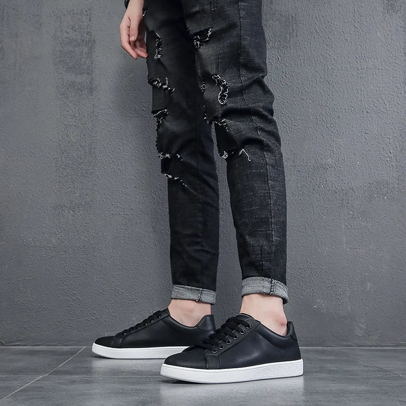 Chaussures vulcanisées pour hommes, baskets basses plates décontractées, blanches, Zapatillas Hombre, livraison directe, cuir noir