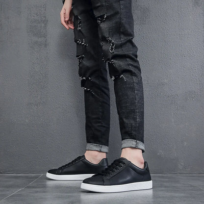 Chaussures vulcanisées pour hommes, baskets basses plates décontractées, blanches, Zapatillas Hombre, livraison directe, cuir noir