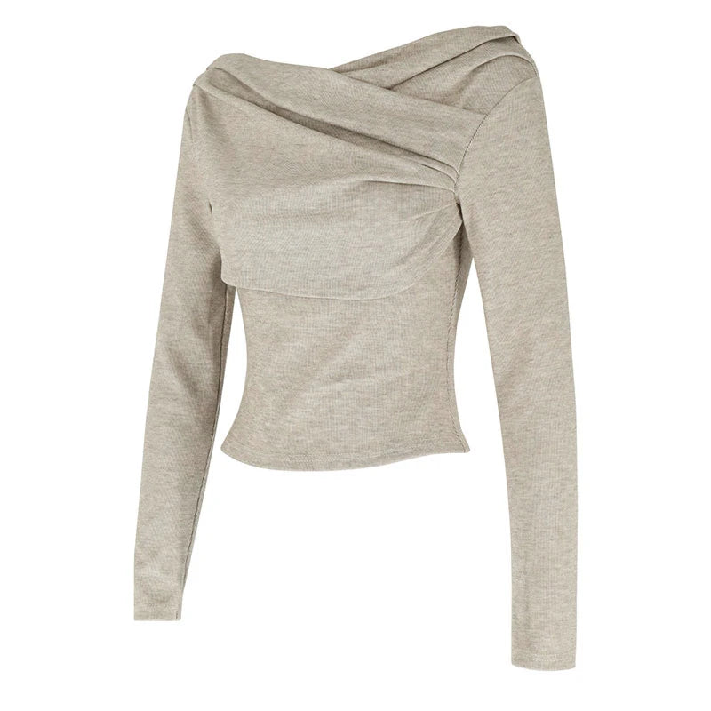 T-shirt femme automne nouveau Streetwear mode manches longues plis décontracté mince t-shirts solide Sexy épaules nues élégant femme T-shirt