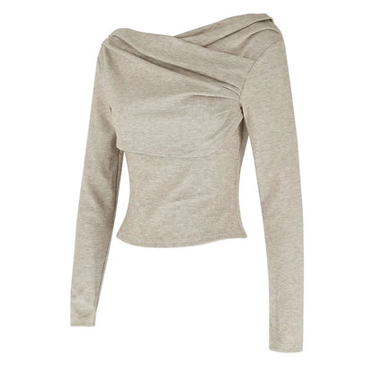 T-shirt femme automne nouveau Streetwear mode manches longues plis décontracté mince t-shirts solide Sexy épaules nues élégant femme T-shirt