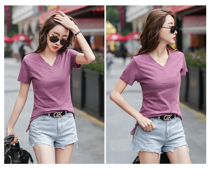 T-Shirt pour femmes 2025 été hauts basique solide coton T-Shirt décontracté Femme vêtements col en v t-shirts à manches courtes T-Shirt Femme