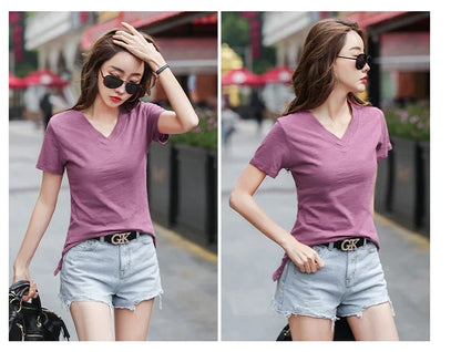 T-Shirt pour femmes 2025 été hauts basique solide coton T-Shirt décontracté Femme vêtements col en v t-shirts à manches courtes T-Shirt Femme