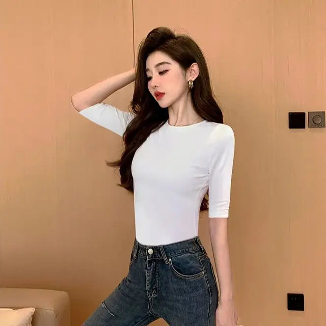 T-shirt en coton à manches moyennes pour femmes, col haut, intérieur mince, astronomique, manches moyennes, Y-Soft respirant