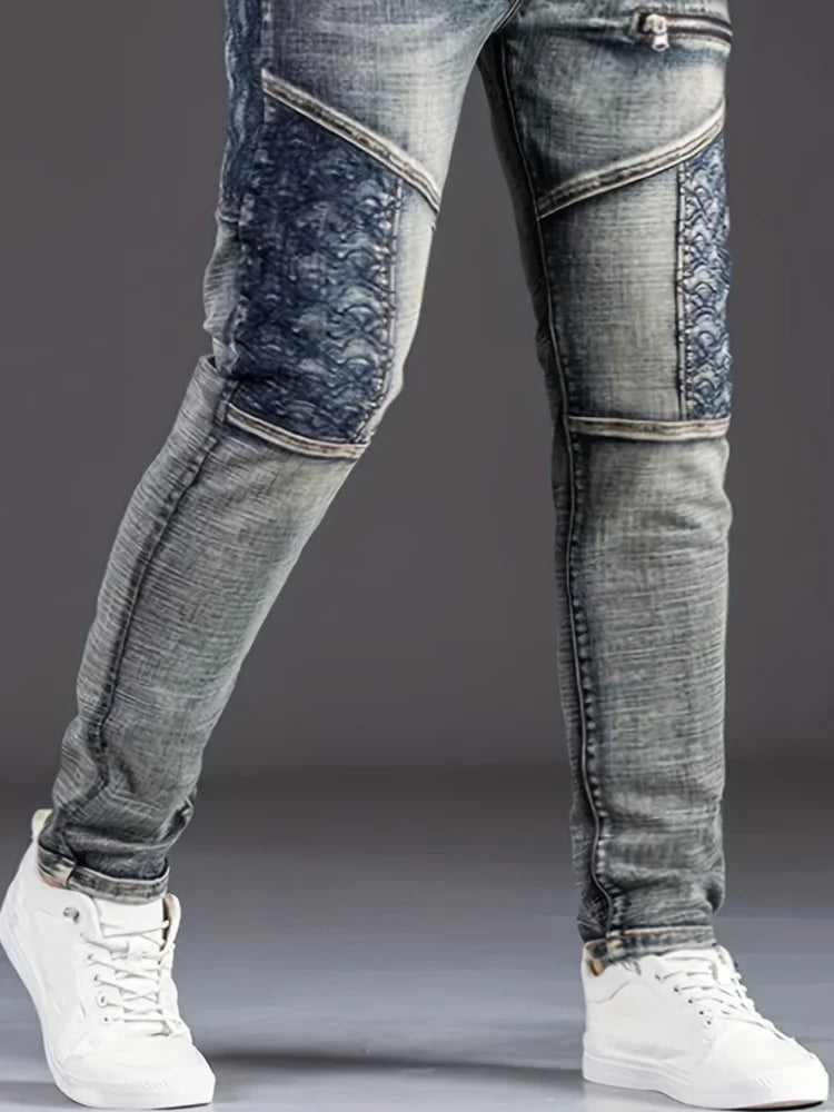 Jean de moto pour hommes, Streetwear, extensible, mode nostalgique   Pantalon en jean décontracté, Slim, droit, patchwork, pantalon de cowboy délavé