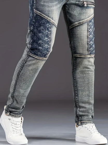 Jean de moto pour hommes, Streetwear, extensible, mode nostalgique   Pantalon en jean décontracté, Slim, droit, patchwork, pantalon de cowboy délavé