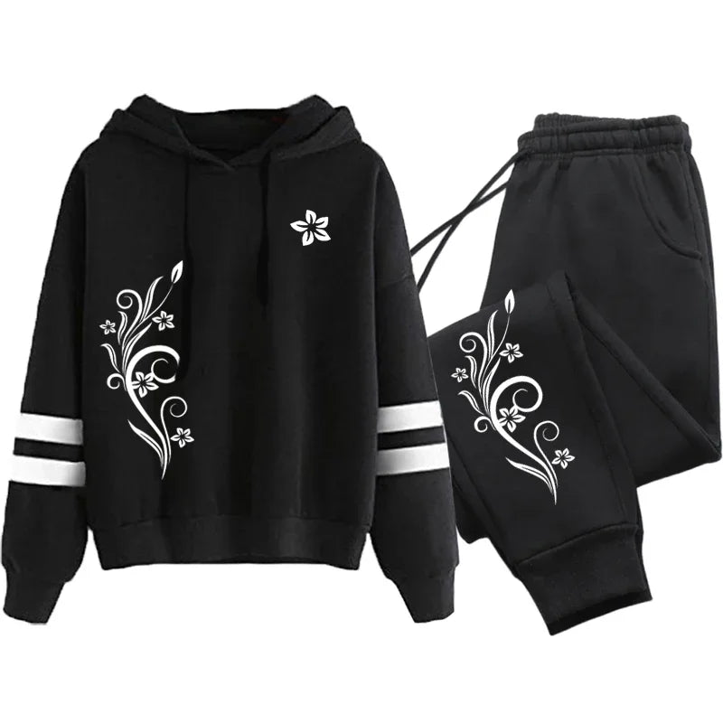 Qualité femmes survêtement quotidien en plein air automne hiver sweats à capuche décontracté une pièce rayure sweat et pantalons de survêtement confort Jogging