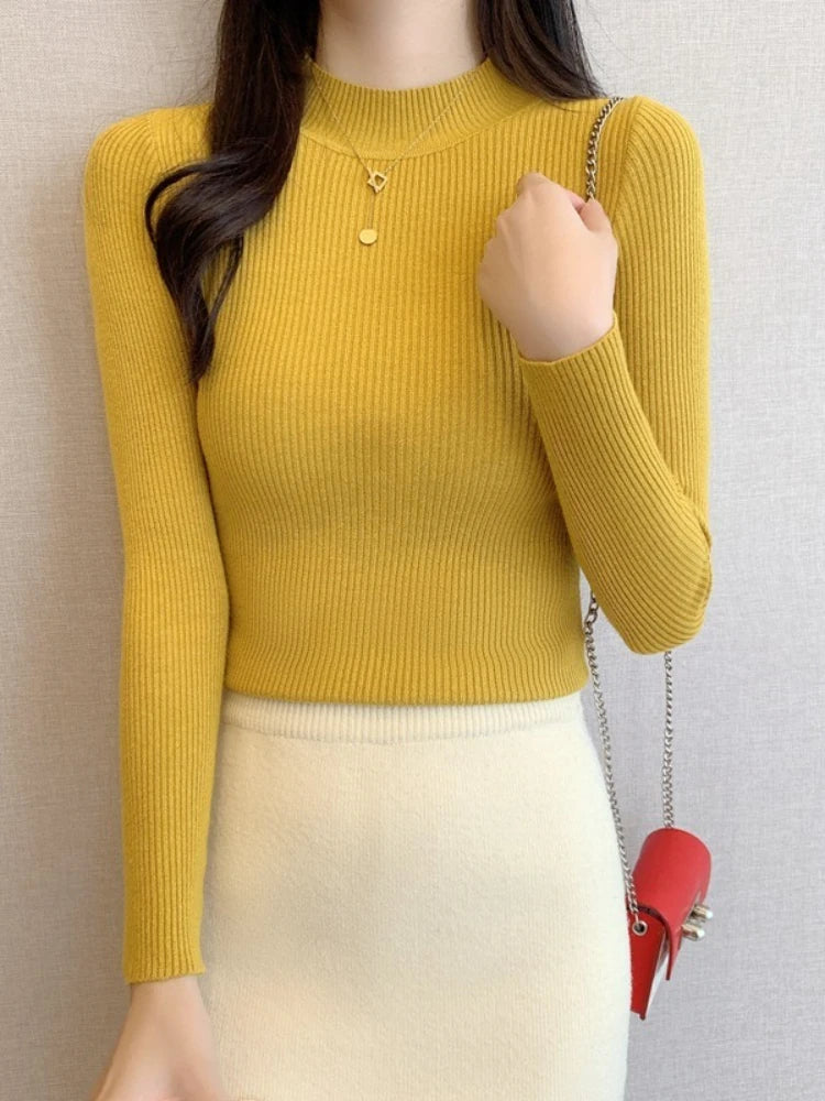 Nouveau en automne hiver femmes à manches longues tricoté col mi-haut côtelé Pull Pull doux chaud Femme Pull Pull vêtements