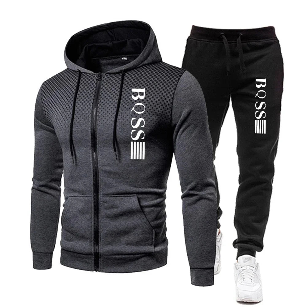 Mode imprimé survêtement pour hommes fermeture éclair sweat à capuche et pantalons de survêtement deux pièces costumes mâle décontracté Fitness Jogging ensembles de sport