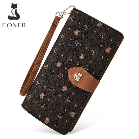 FOXER femmes Long portefeuille carte et porte-passeport élégant pochette dame monogramme PVC avec bracelet sac de téléphone portable femme porte-monnaie