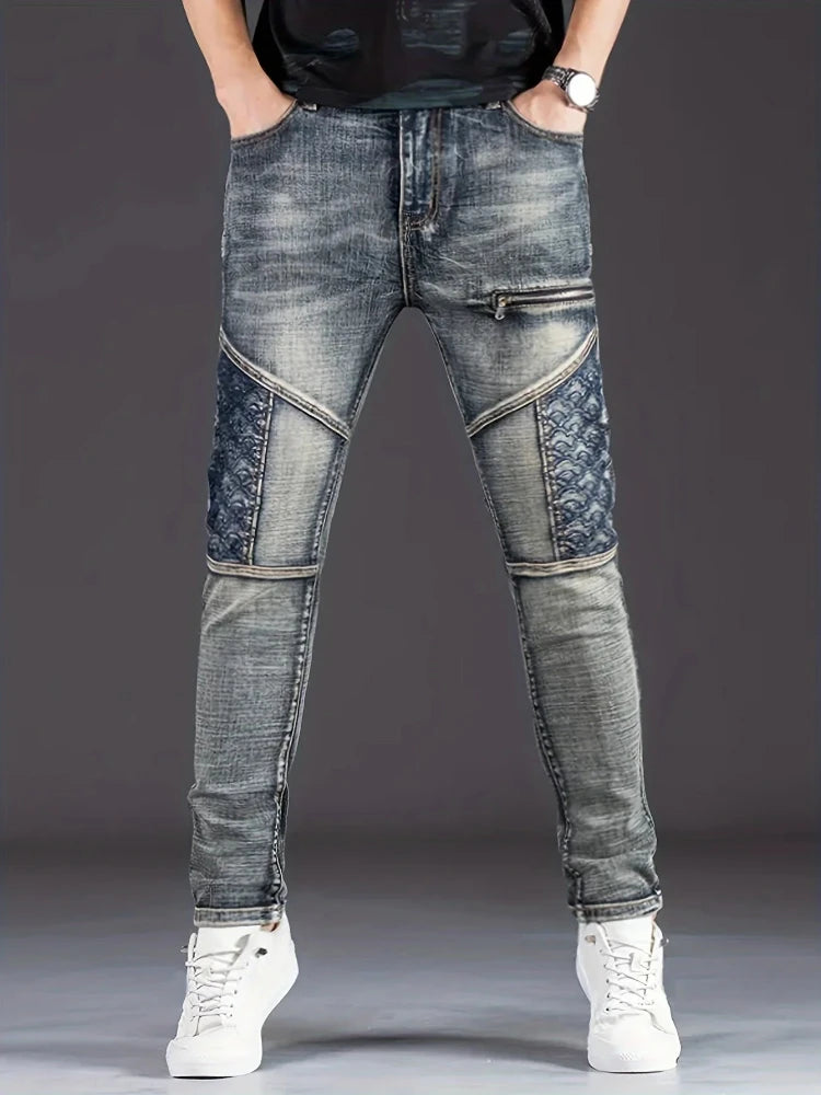 Jean de moto pour hommes, Streetwear, extensible, mode nostalgique   Pantalon en jean décontracté, Slim, droit, patchwork, pantalon de cowboy délavé