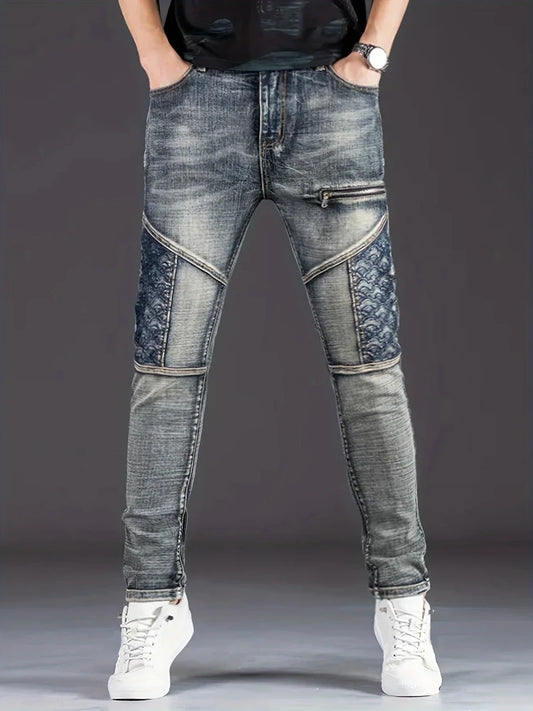 Jean de moto pour hommes, Streetwear, extensible, mode nostalgique   Pantalon en jean décontracté, Slim, droit, patchwork, pantalon de cowboy délavé
