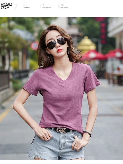 T-Shirt pour femmes 2025 été hauts basique solide coton T-Shirt décontracté Femme vêtements col en v t-shirts à manches courtes T-Shirt Femme