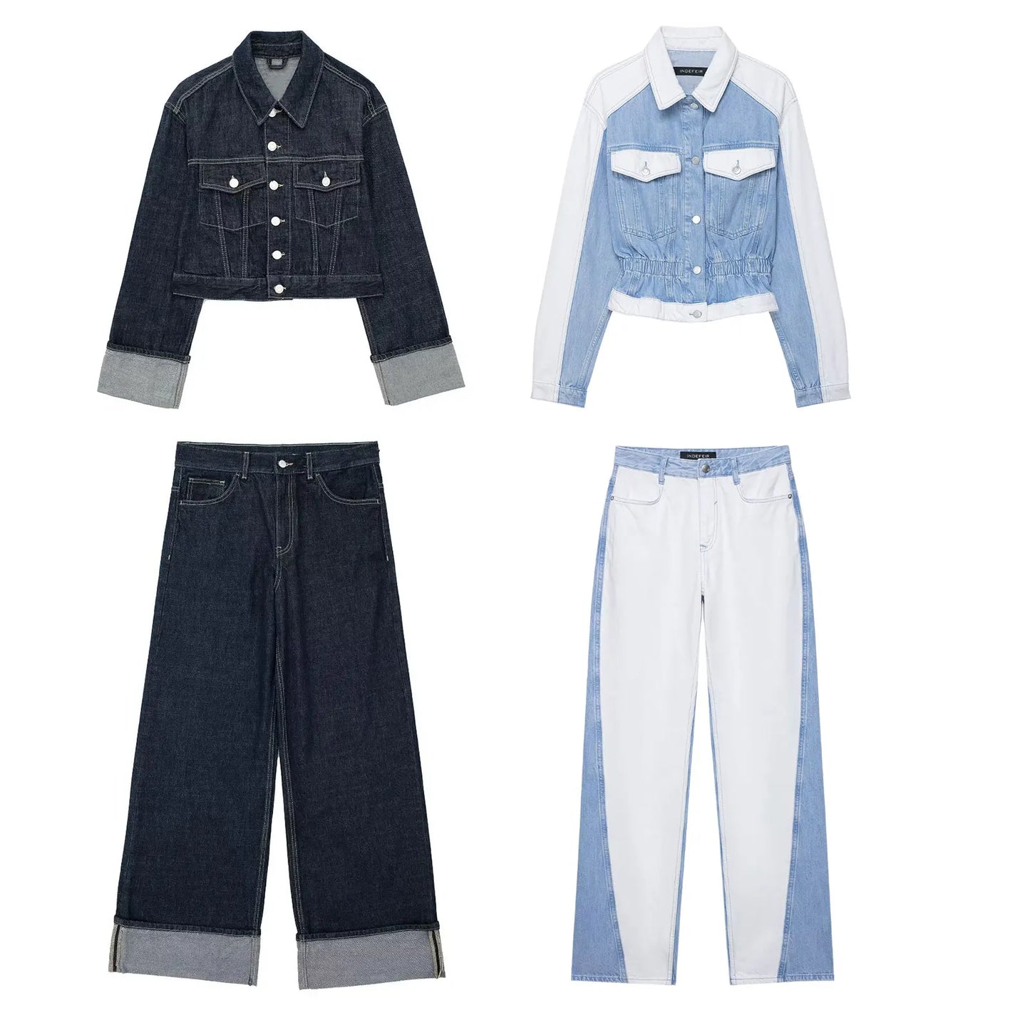HH – costume en Denim Vintage pour femme, manteau à revers à manches longues et simple boutonnage + jean taille haute à jambes larges, ensemble de mode de rue, automne 2024