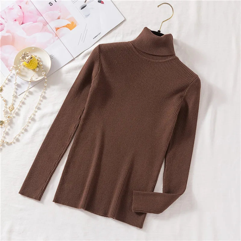 2025 automne hiver femmes à manches longues tricoté pliable col roulé côtelé Pull Pull doux chaud Femme Pull Pull vêtements