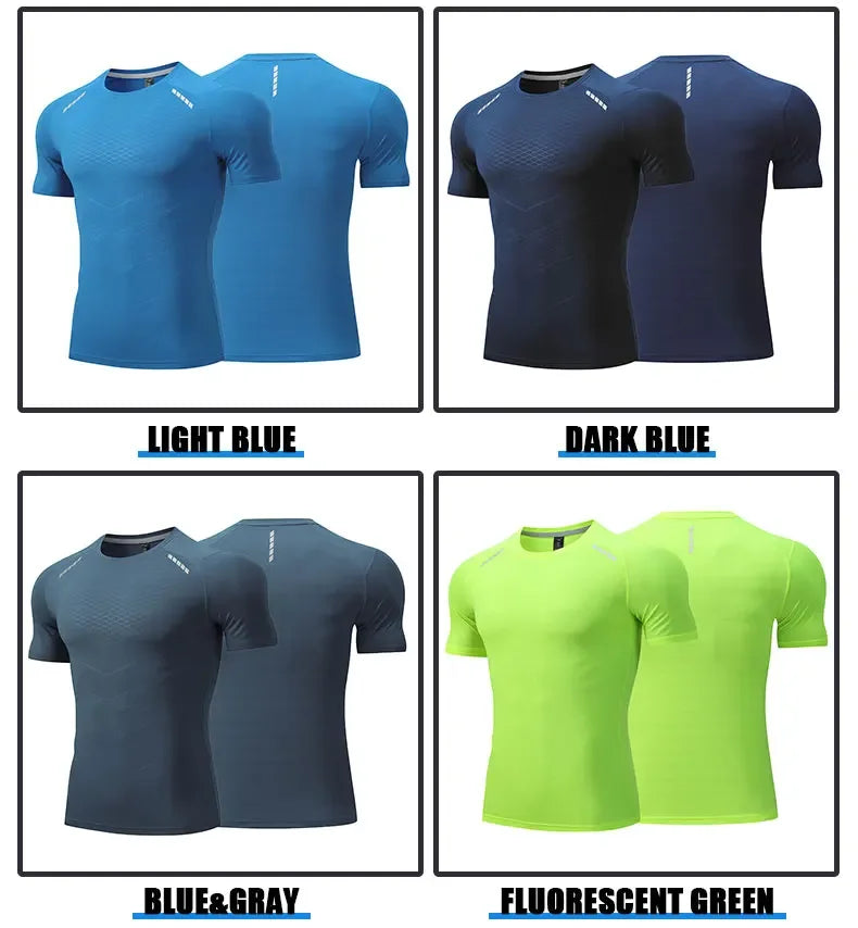 Hommes mince glace soie hauts course à manches courtes sport T-shirt gymnase Fitness entraînement musculaire sweat sec ajustement serré survêtements