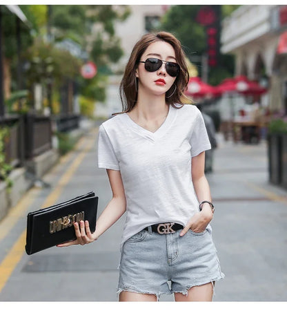 T-Shirt pour femmes 2025 été hauts basique solide coton T-Shirt décontracté Femme vêtements col en v t-shirts à manches courtes T-Shirt Femme