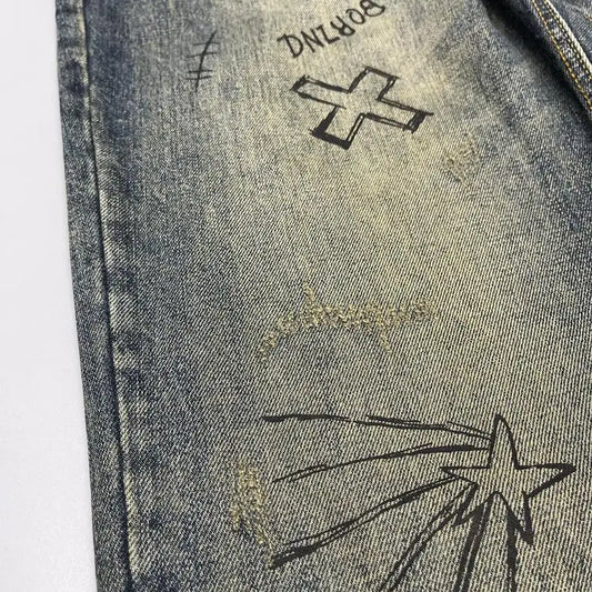Jean rétro imprimé vieil délavé pour hommes, coupe ample, Micro-conique, petit pantalon droit, tendance de rue, printemps et automne