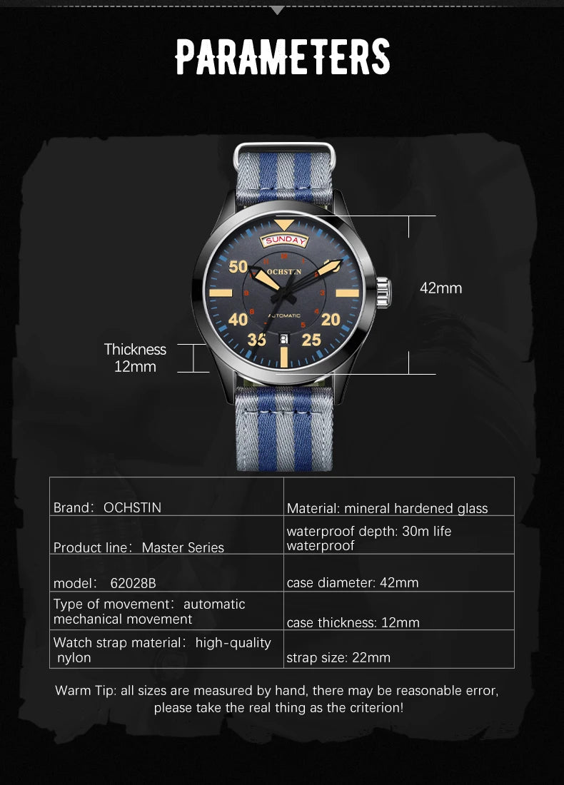 OCHSTIN hommes mode luxe mécanique automatique Date semaine montre couverture arrière transparente Design créatif avec cadran calendrier vert