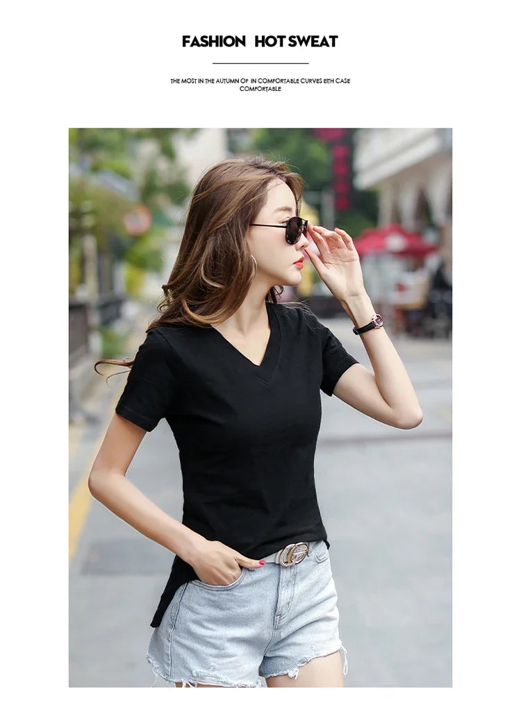 T-Shirt pour femmes 2025 été hauts basique solide coton T-Shirt décontracté Femme vêtements col en v t-shirts à manches courtes T-Shirt Femme