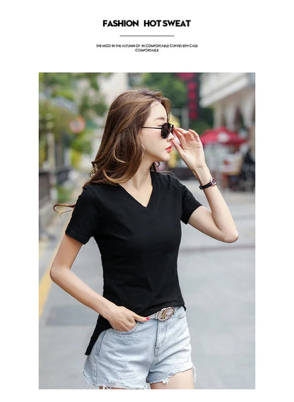 T-Shirt pour femmes 2025 été hauts basique solide coton T-Shirt décontracté Femme vêtements col en v t-shirts à manches courtes T-Shirt Femme