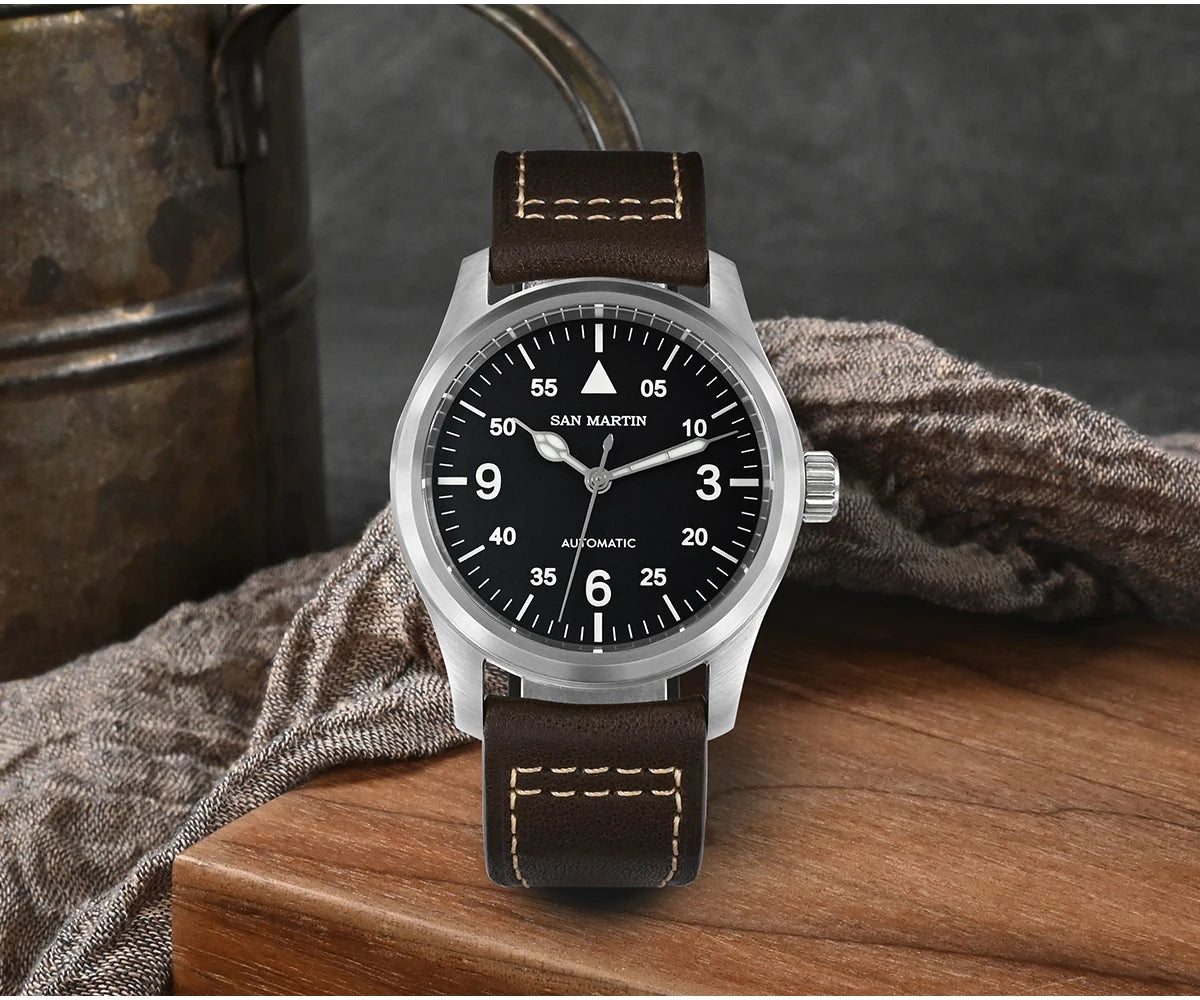 San Martin – montre pilote pour hommes, 37mm, Miyota 8215, mode Simple, militaire, automatique, mécanique, étanche à 100m, BGW-9