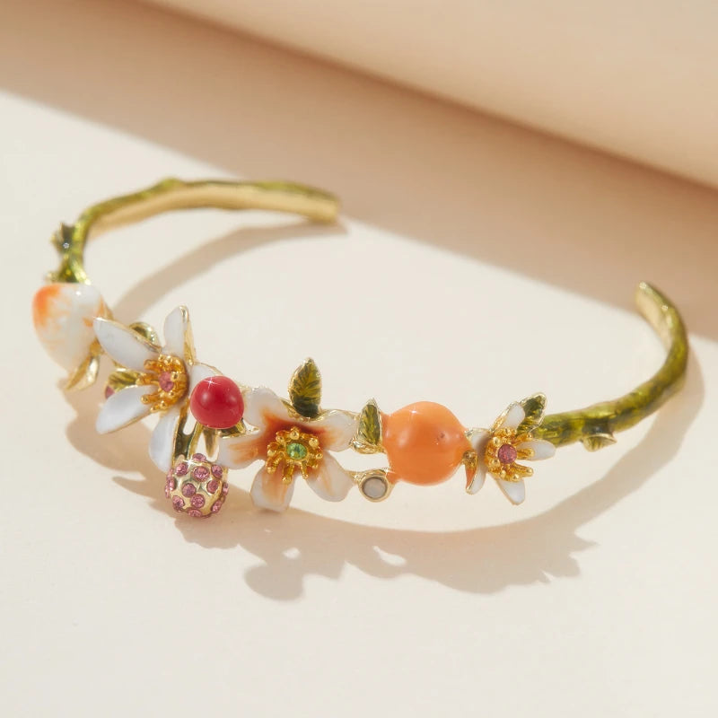 Bracelet de Style français pour femmes, fait à la main, série de fruits et fleurs, en émail, réglable, cadeau d'anniversaire, bijoux de fête de vacances