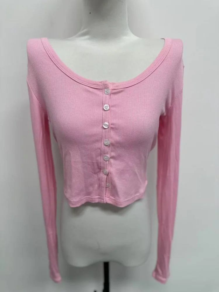 T-shirt à simple boutonnage à manches longues haut court couleur unie t-shirts pour femmes Streetwear coupe ajustée dame tenue Camisetas Ropa Mujer