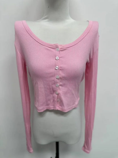 T-shirt à simple boutonnage à manches longues haut court couleur unie t-shirts pour femmes Streetwear coupe ajustée dame tenue Camisetas Ropa Mujer