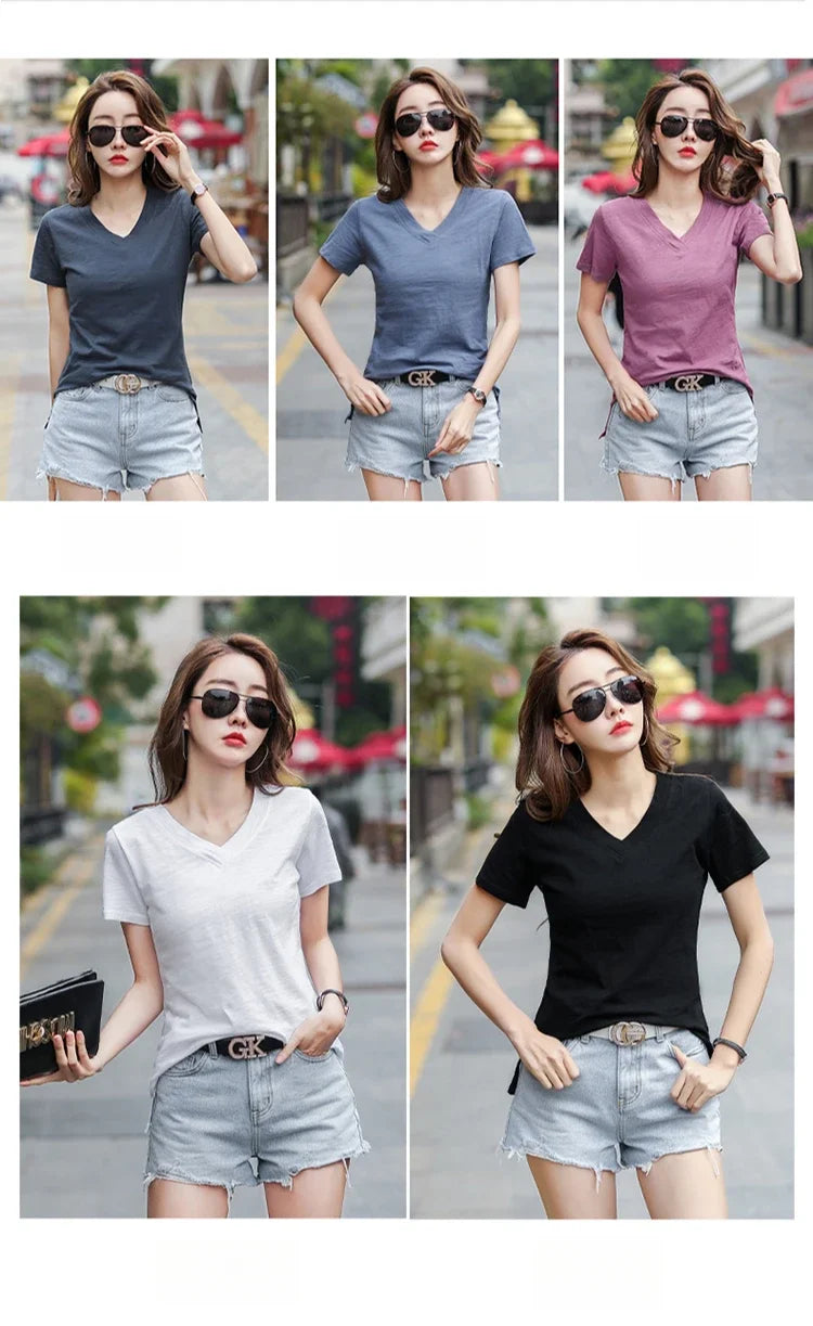 T-Shirt pour femmes 2025 été hauts basique solide coton T-Shirt décontracté Femme vêtements col en v t-shirts à manches courtes T-Shirt Femme