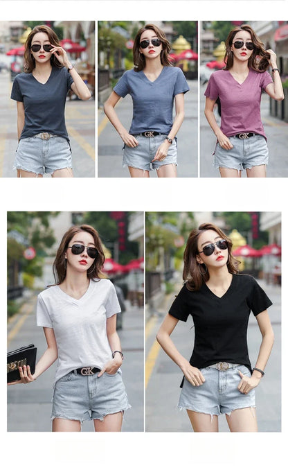 T-Shirt pour femmes 2025 été hauts basique solide coton T-Shirt décontracté Femme vêtements col en v t-shirts à manches courtes T-Shirt Femme