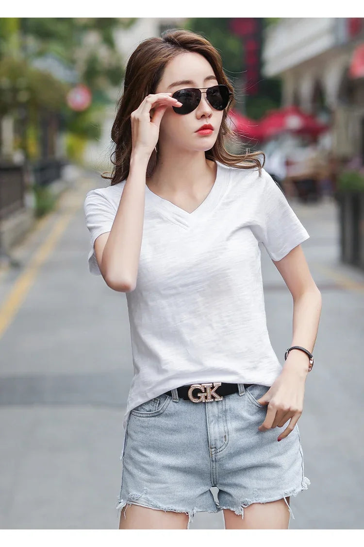T-Shirt pour femmes 2025 été hauts basique solide coton T-Shirt décontracté Femme vêtements col en v t-shirts à manches courtes T-Shirt Femme