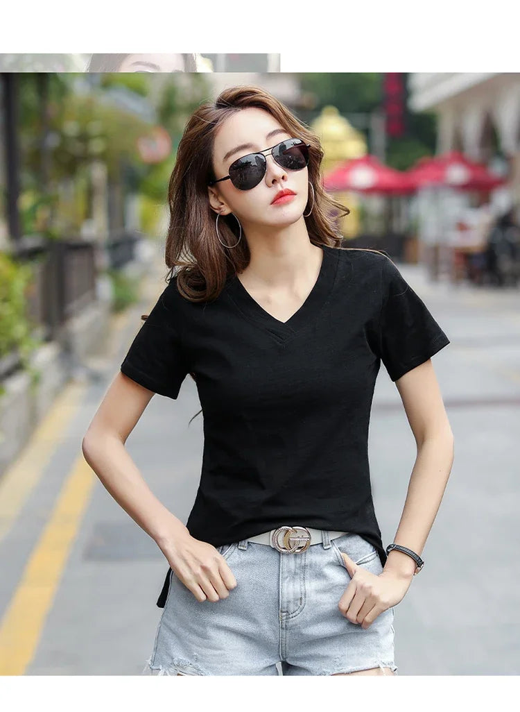 T-Shirt pour femmes 2025 été hauts basique solide coton T-Shirt décontracté Femme vêtements col en v t-shirts à manches courtes T-Shirt Femme